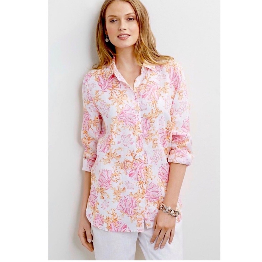 J. Jill Love‎ Linen Coral Patterned Long Sleeve Button Down Size XS Petite